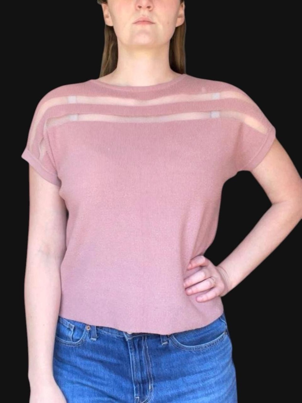 Sioni Mauve Pink Sheer Mesh Stripe Cap Sleeve Knit Top Sz Medium